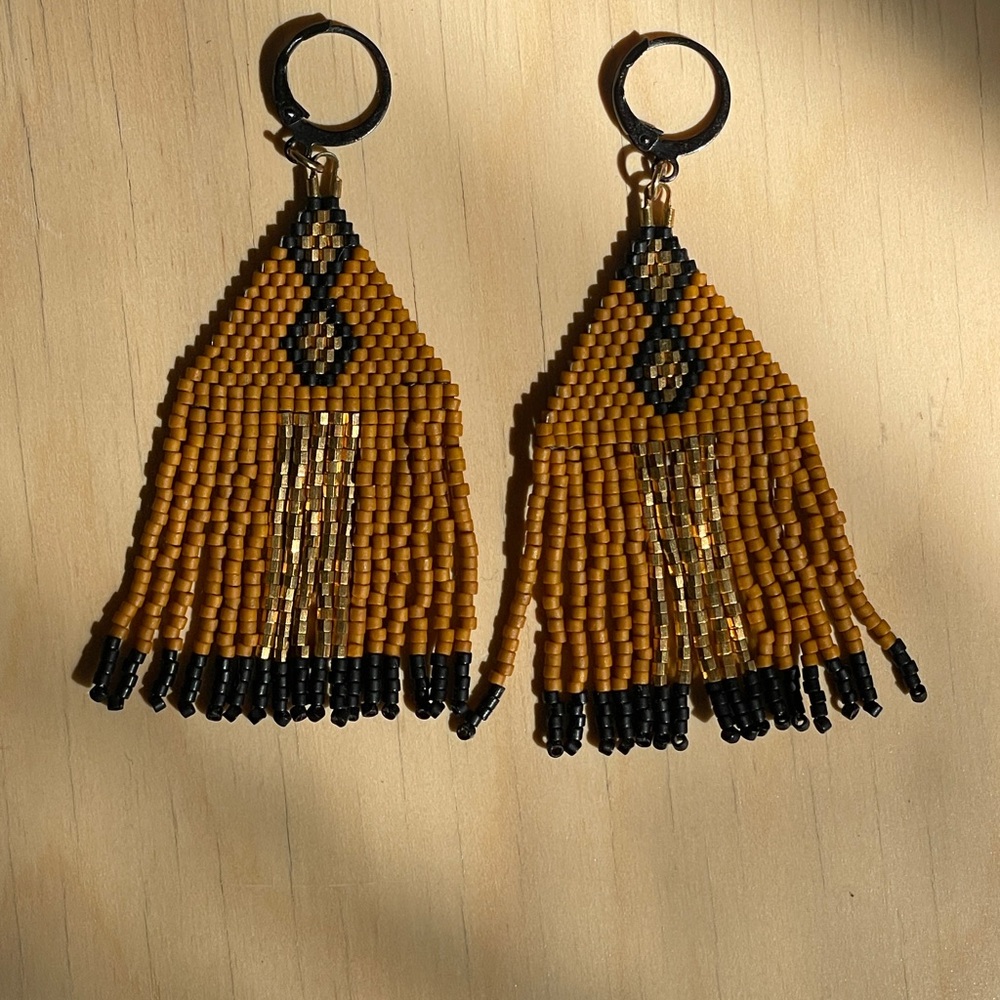 Handcrafted Beaded Earrings in Mustard and Black